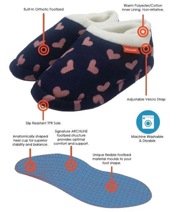 Archline Orthotic Slippers Closed – Navy with Pink Hearts (Womens)