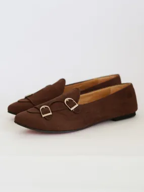 Brown Double-Monk Strap Suede Loafers