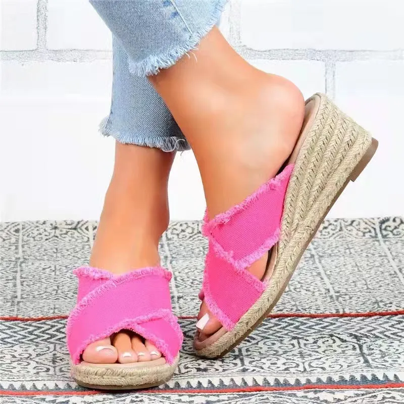 elveswallet Denim and Linen Lightweight Wedge Slippers