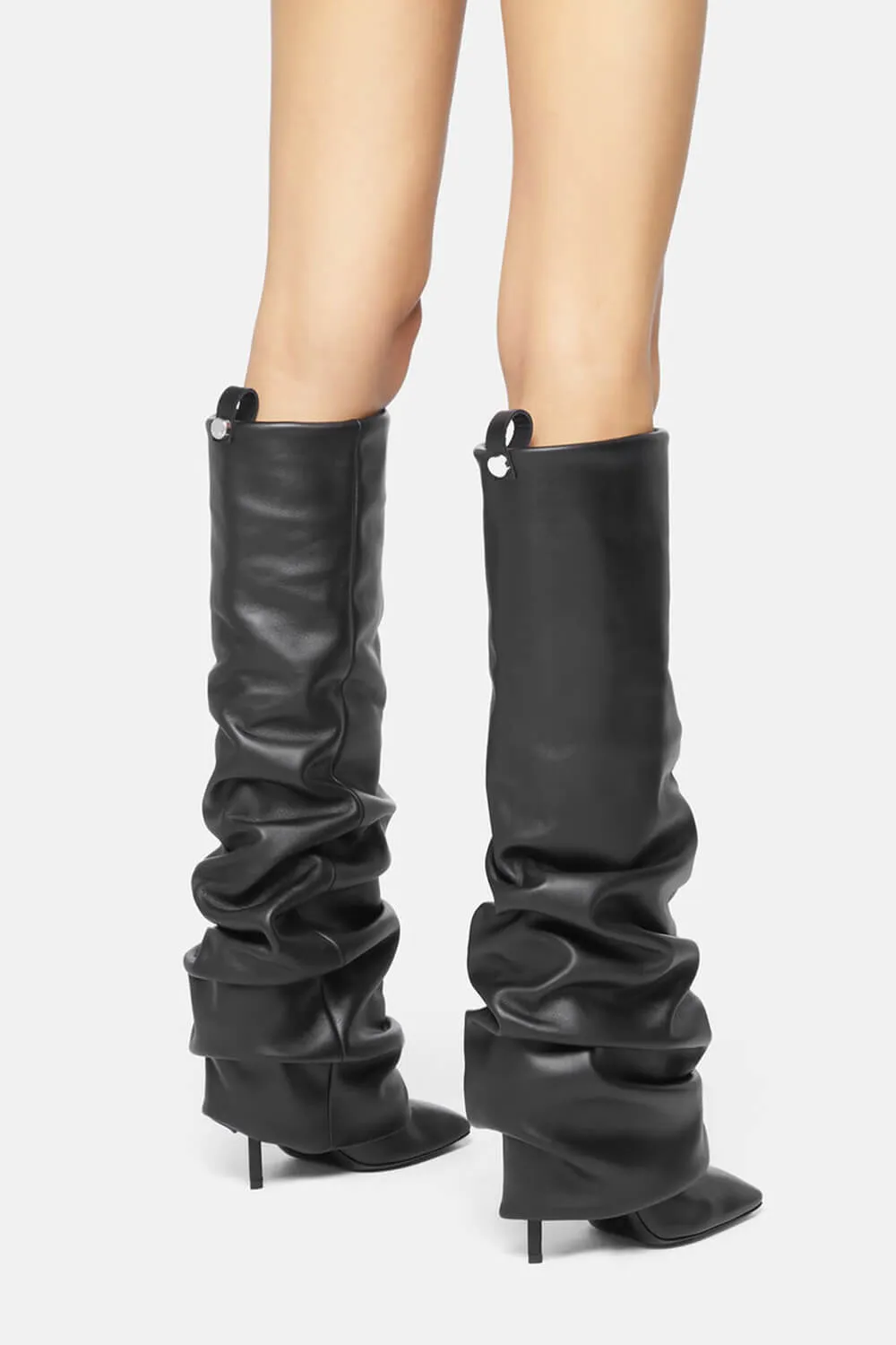 Faux Leather Square Toe Folded Knee-High Boots - Black