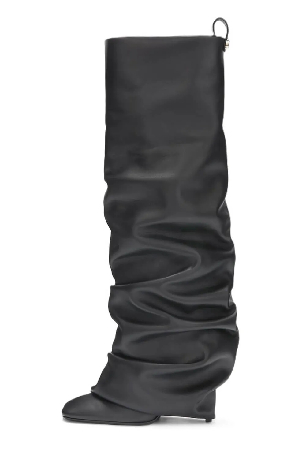 Faux Leather Square Toe Folded Knee-High Boots - Black