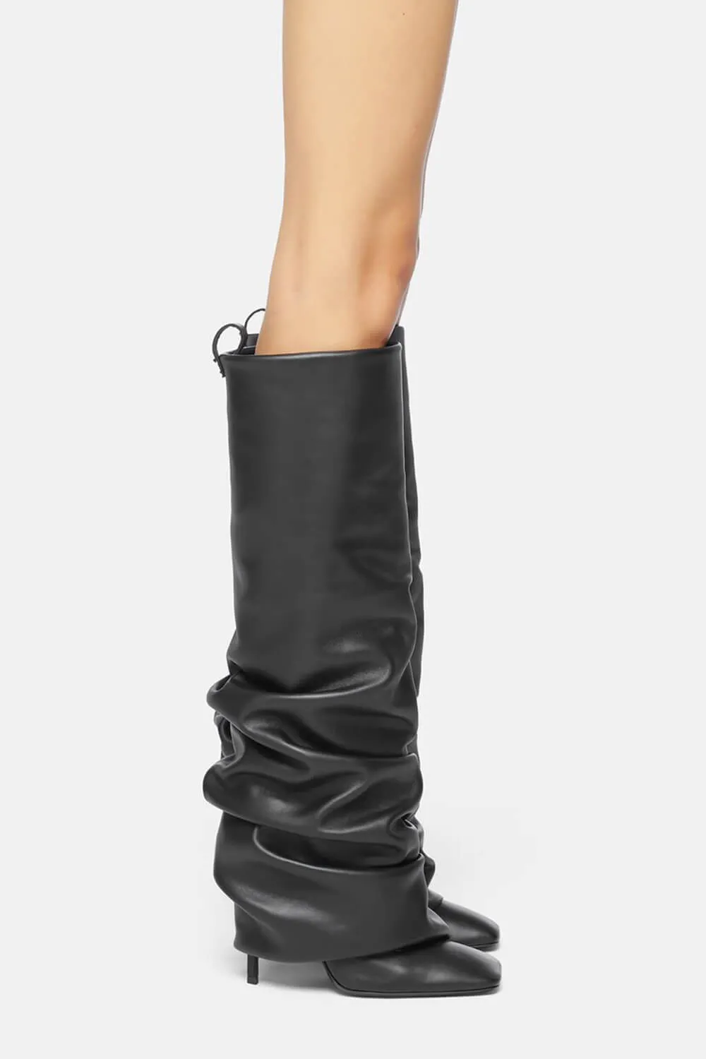 Faux Leather Square Toe Folded Knee-High Boots - Black