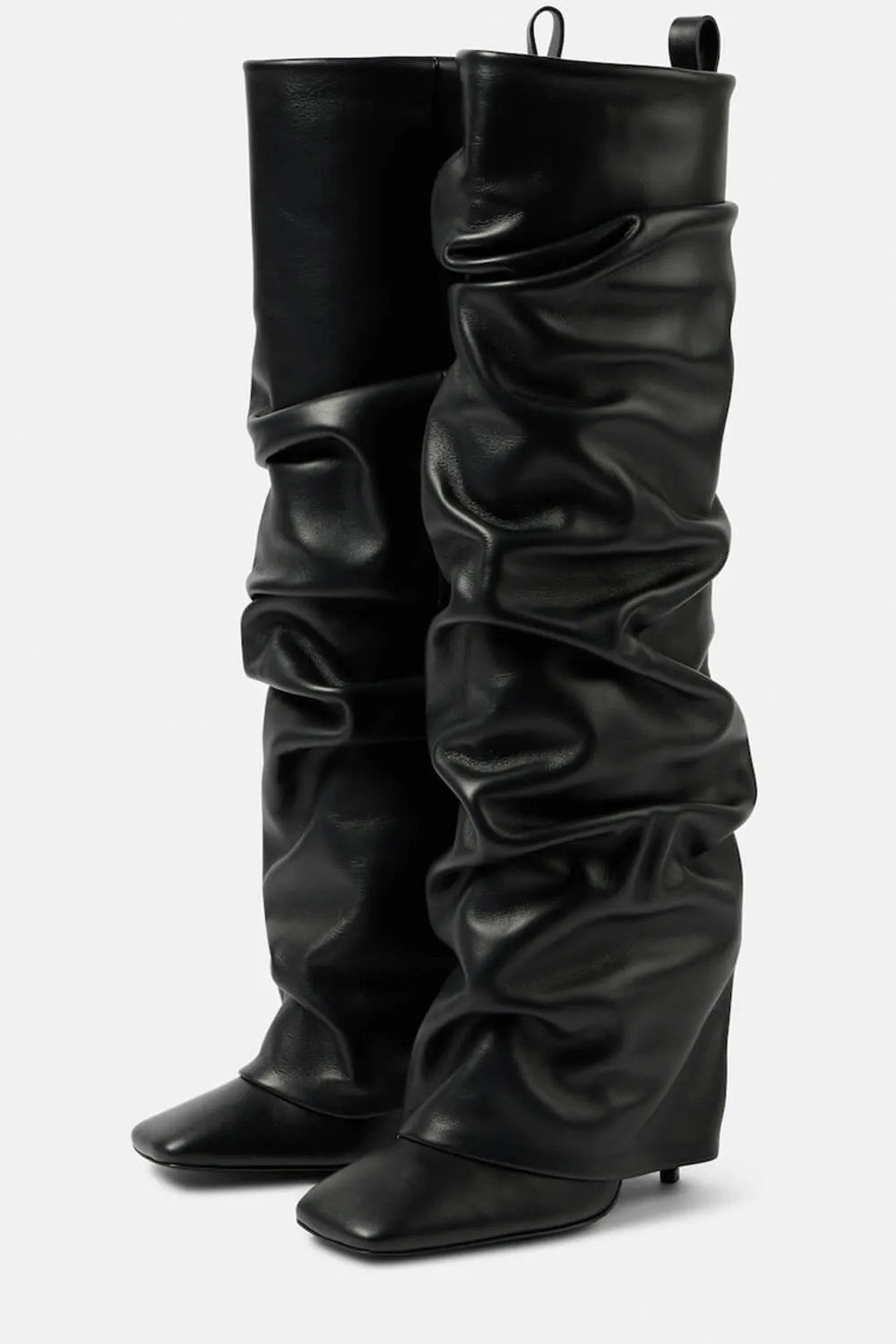 Faux Leather Square Toe Folded Knee-High Boots - Black