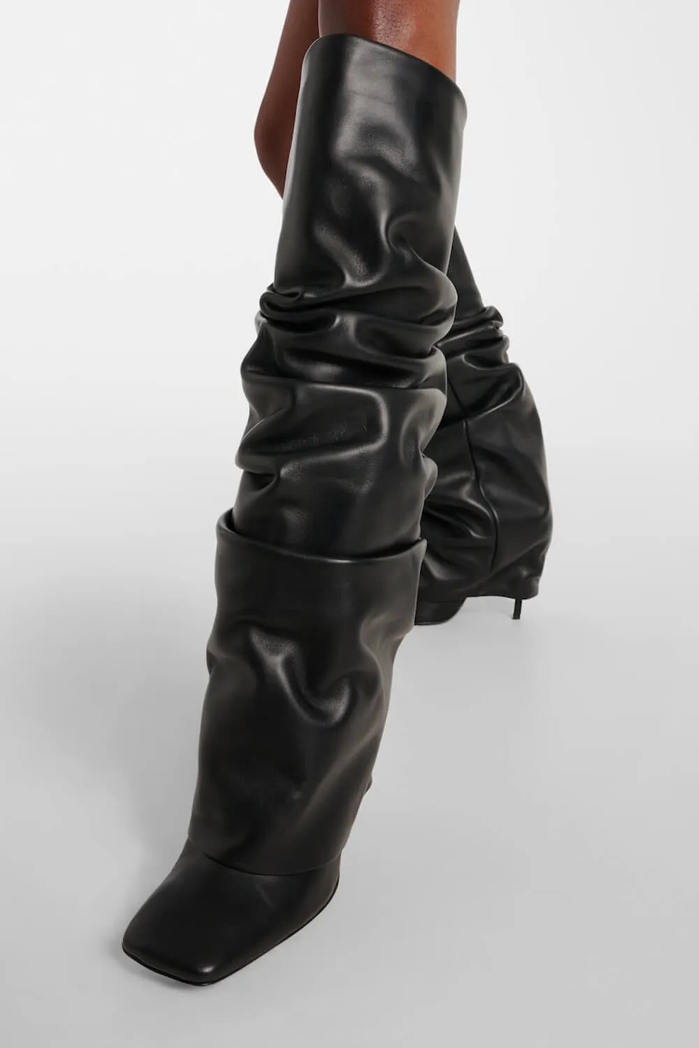 Faux Leather Square Toe Folded Knee-High Boots - Black