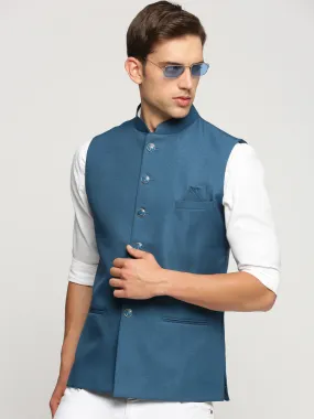 Men Teal Mandarin Collar Solid Nehru Jacket