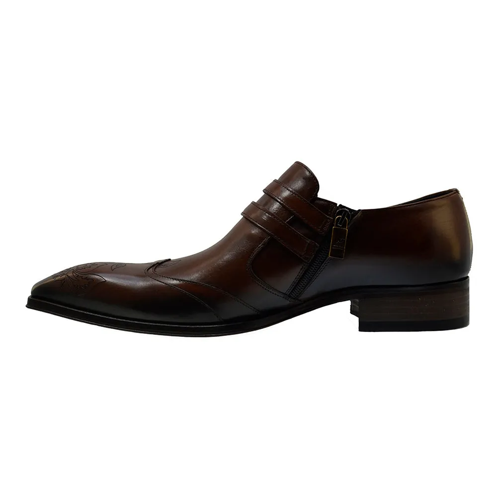 Men's Italian Shoes Jo Ghost 4952 Brown Leather Embroidery Buckle Shoes
