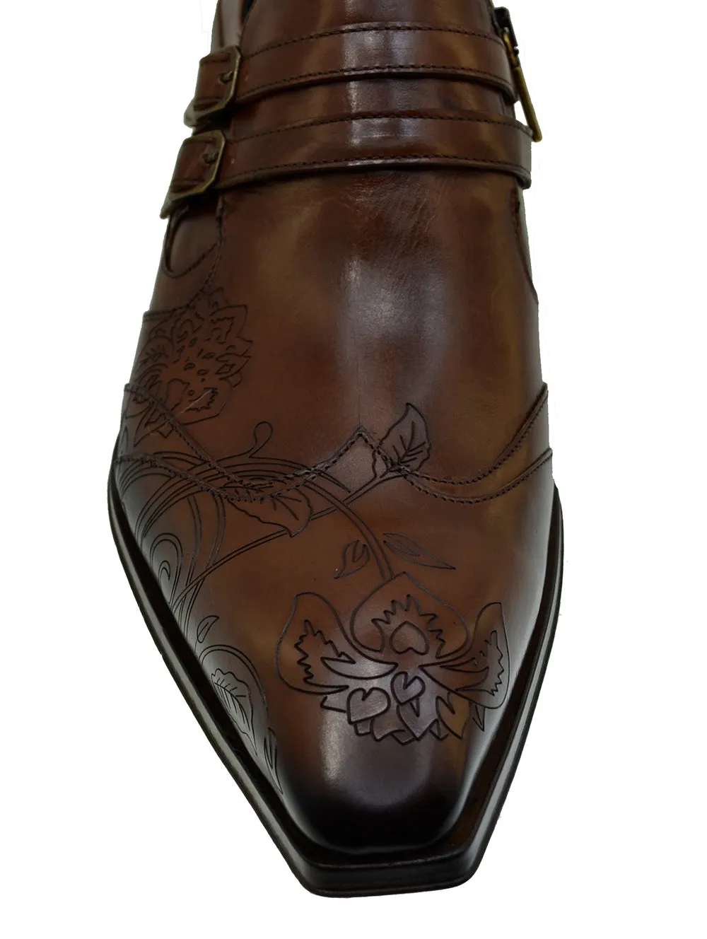 Men's Italian Shoes Jo Ghost 4952 Brown Leather Embroidery Buckle Shoes