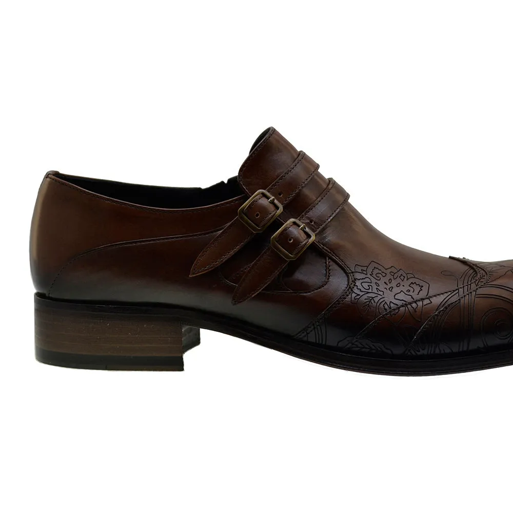 Men's Italian Shoes Jo Ghost 4952 Brown Leather Embroidery Buckle Shoes