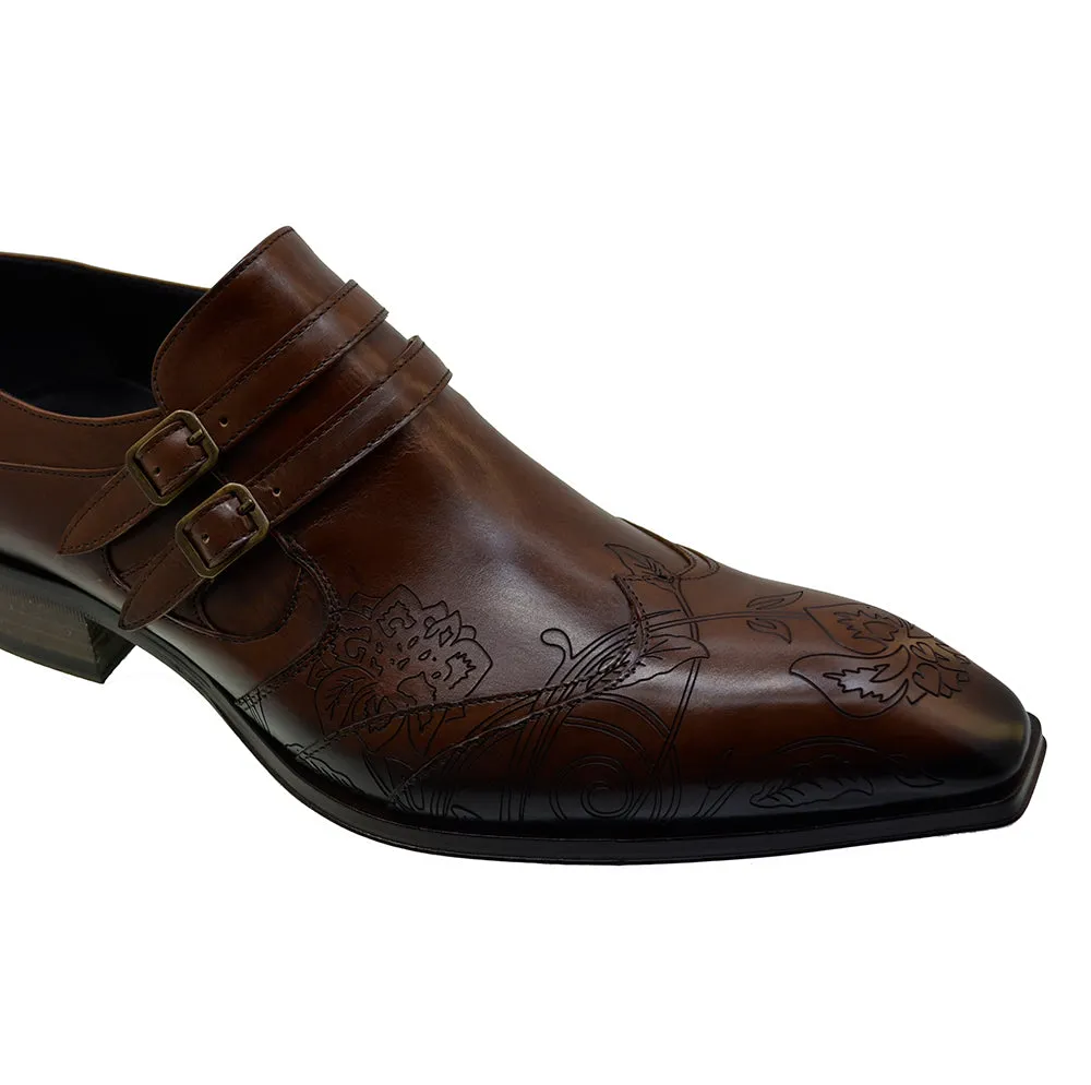 Men's Italian Shoes Jo Ghost 4952 Brown Leather Embroidery Buckle Shoes