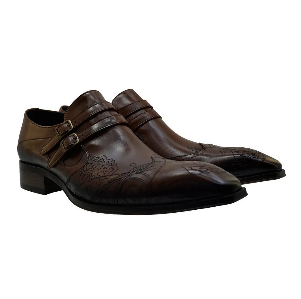 Men's Italian Shoes Jo Ghost 4952 Brown Leather Embroidery Buckle Shoes