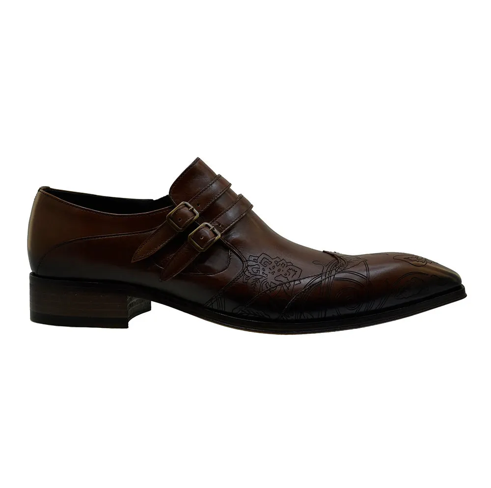 Men's Italian Shoes Jo Ghost 4952 Brown Leather Embroidery Buckle Shoes