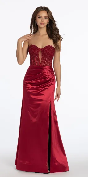 Satin Plunge Corset Column Dress with Ruching