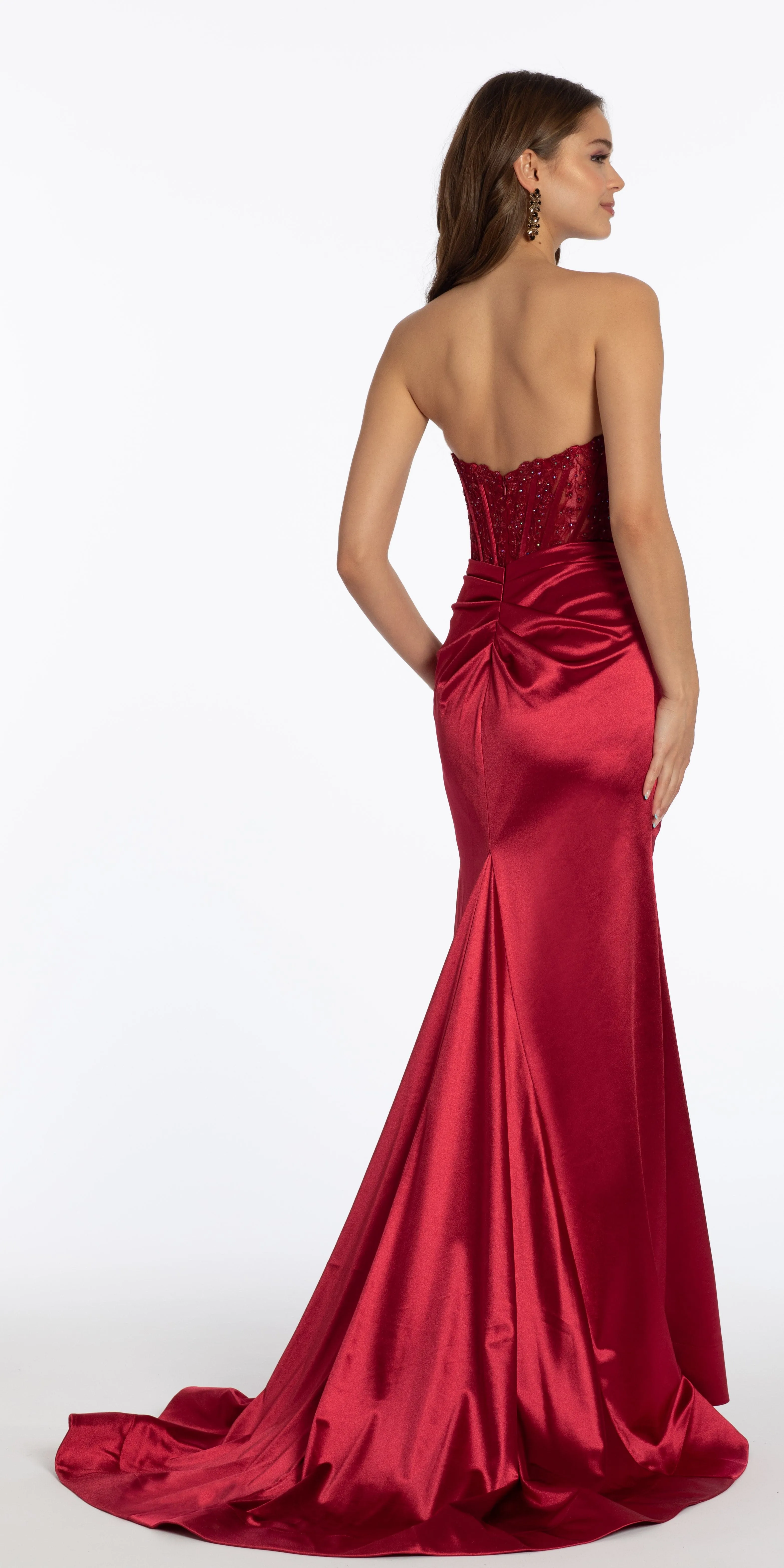 Satin Plunge Corset Column Dress with Ruching
