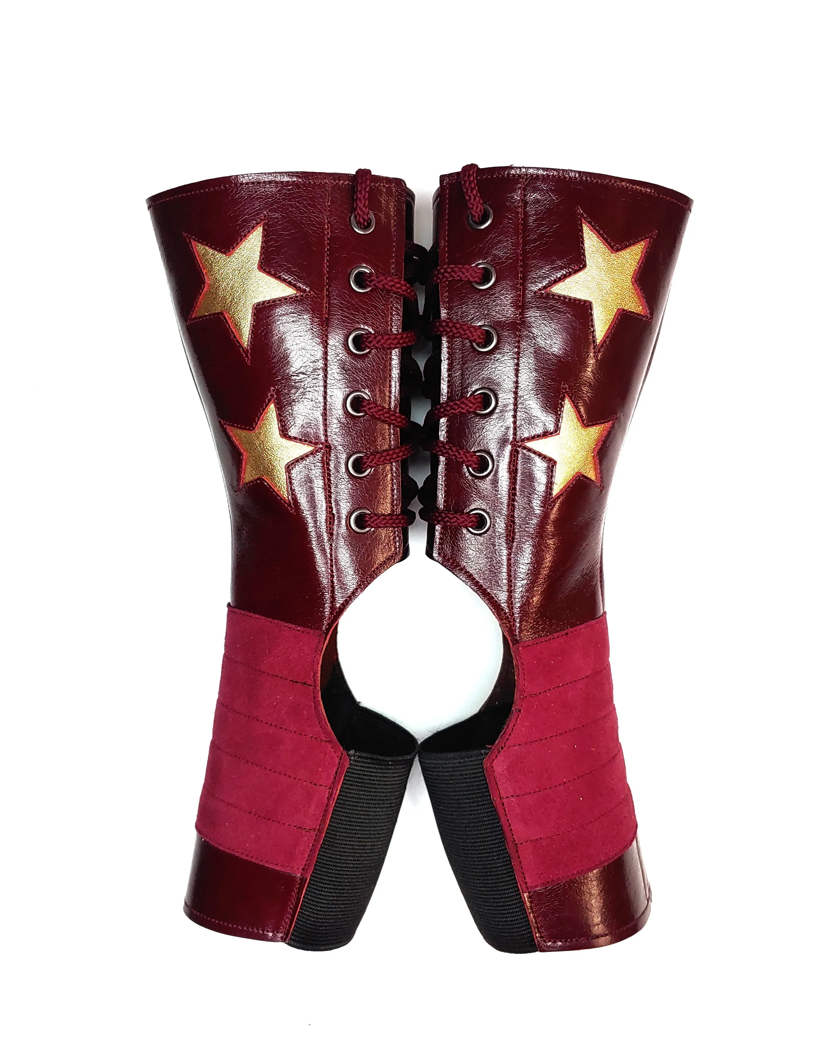 SHORT Burgundy Stardust Aerial boots w/ Gold Stars   Grip Panel