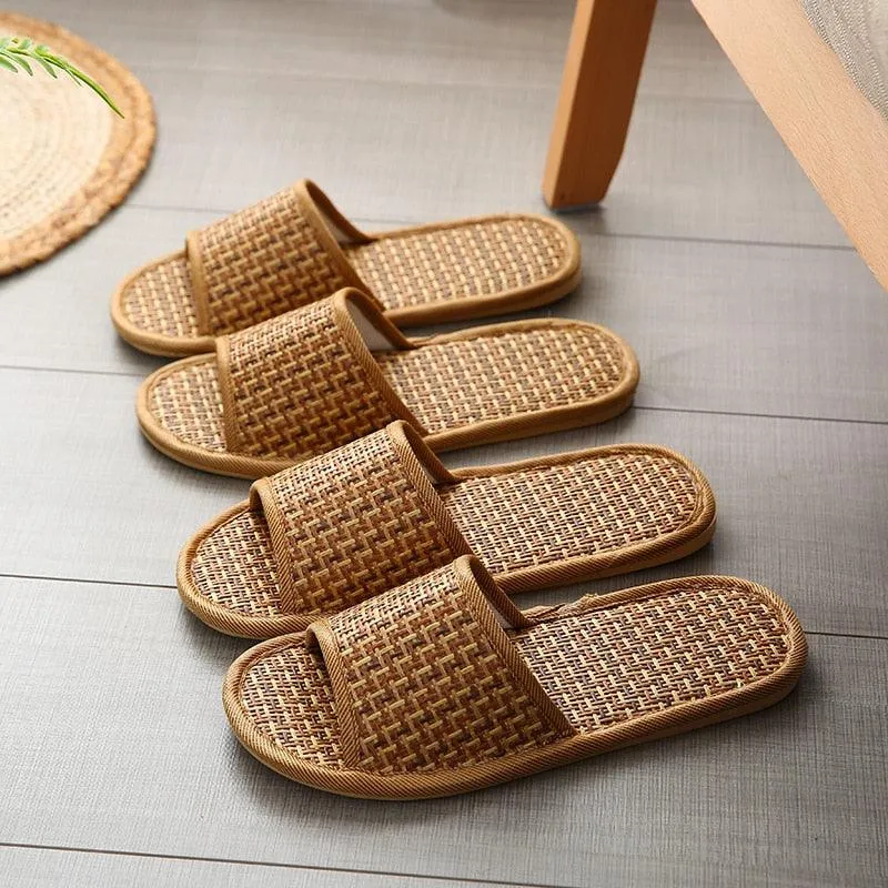 Summer Bamboo Woven Rattan and Grass Lovers Straw Mat Slippers - Indoor Wooden Floor Home Linen Shoes