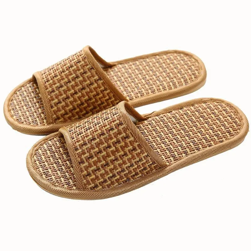 Summer Bamboo Woven Rattan and Grass Lovers Straw Mat Slippers - Indoor Wooden Floor Home Linen Shoes