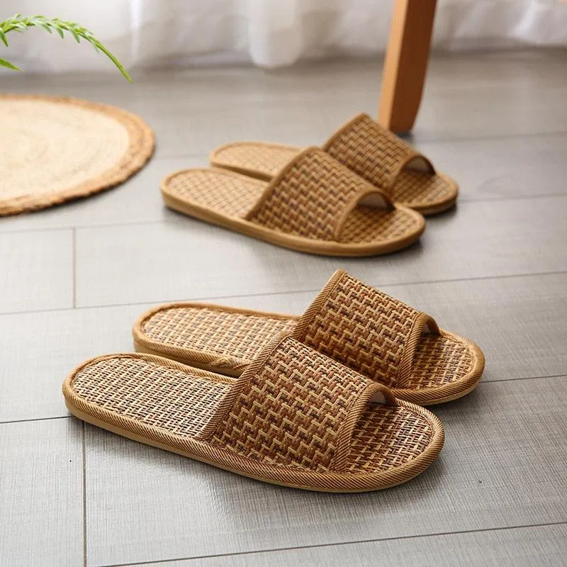 Summer Bamboo Woven Rattan and Grass Lovers Straw Mat Slippers - Indoor Wooden Floor Home Linen Shoes