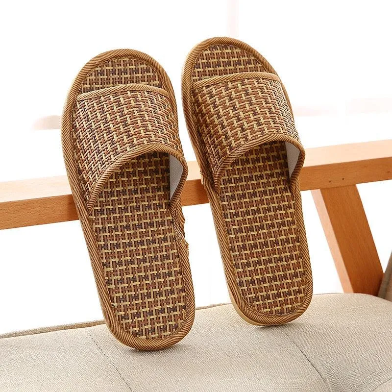 Summer Bamboo Woven Rattan and Grass Lovers Straw Mat Slippers - Indoor Wooden Floor Home Linen Shoes