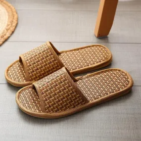 Summer Bamboo Woven Rattan and Grass Lovers Straw Mat Slippers - Indoor Wooden Floor Home Linen Shoes