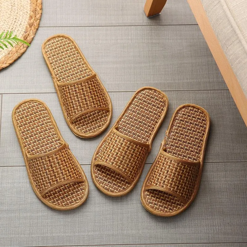 Summer Bamboo Woven Rattan and Grass Lovers Straw Mat Slippers - Indoor Wooden Floor Home Linen Shoes